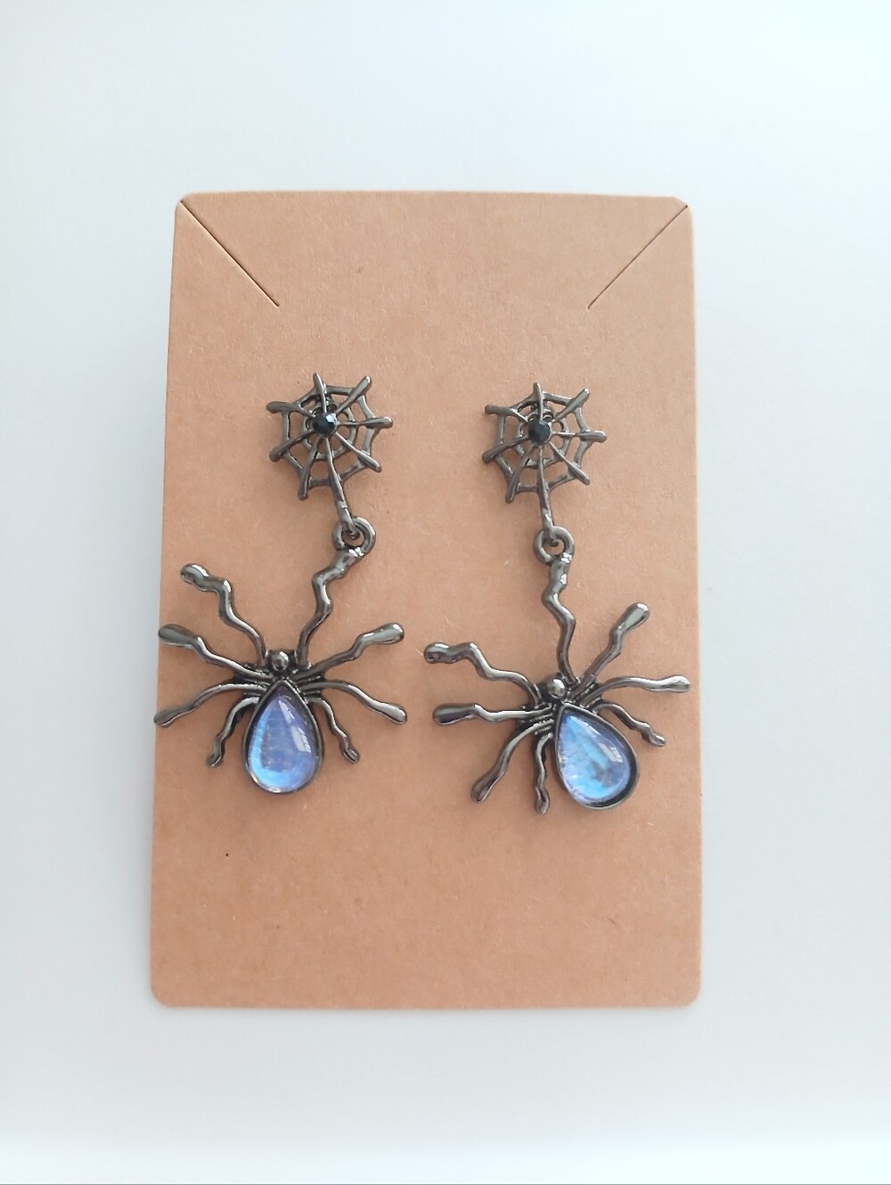 Fashion Jewelry Silver Spider Web Dangle Earrings with Blue Teardrop Stones
